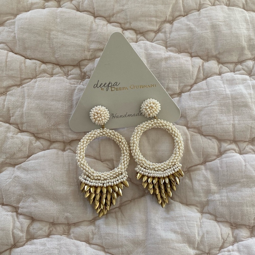 Deepa Gurnani handmade beaded drop earrings with brass detail.